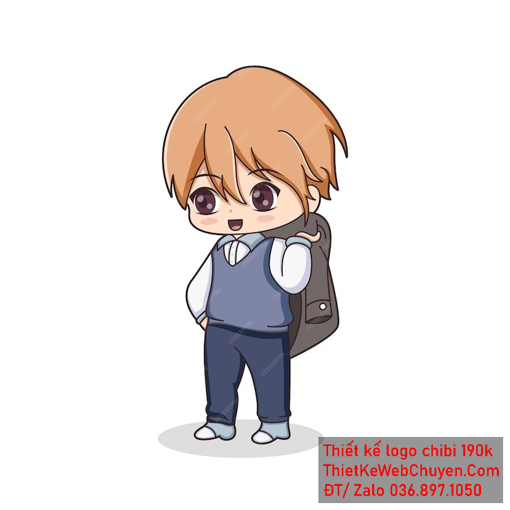 Vẽ chibi bé trai áo vest xanh, tóc nâu sáng, hành động khoác áo, biểu cảm tươi cười để thiết kế logo Vẽ chibi bé trai áo vest xanh, tóc nâu sáng, hành động khoác áo, biểu cảm tươi cười để thiết kế logo