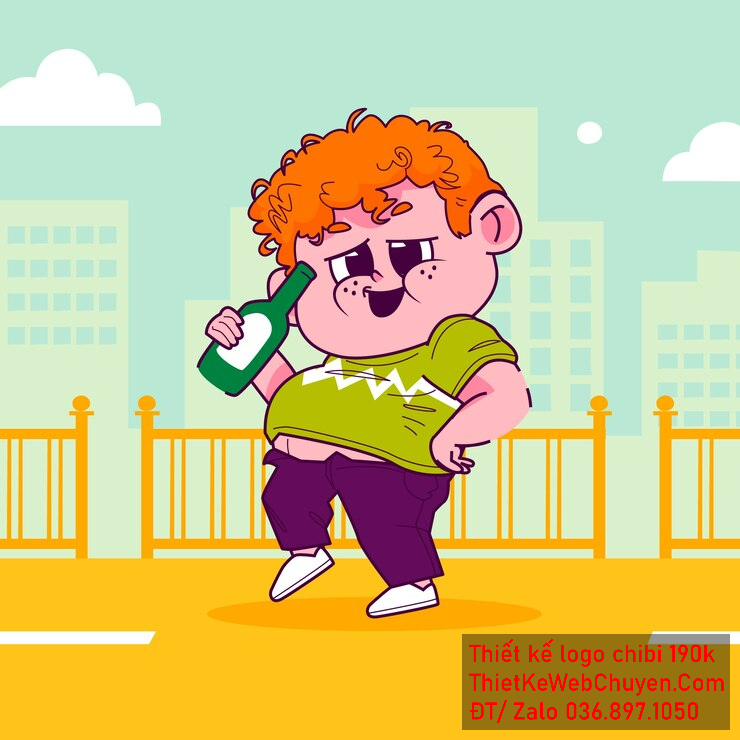 Vẽ chibi bé trai áo xanh lá, tóc xoăn cam, hành động cầm chai nước, biểu cảm tự tin để thiết kế logo