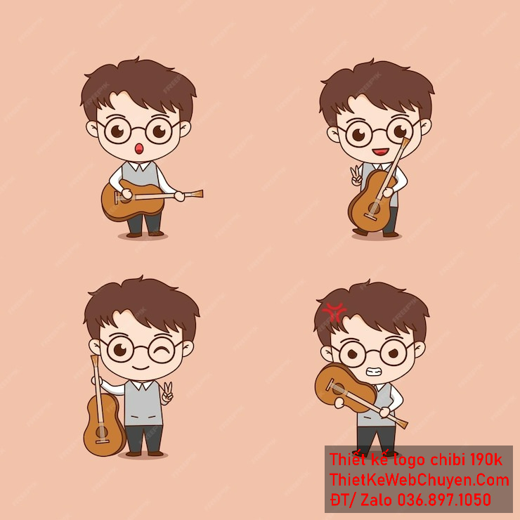Vẽ chibi bé trai áo xanh nhạt, tóc nâu, nhiều hành động với đàn guitar, biểu cảm hài hước để thiết kế logo