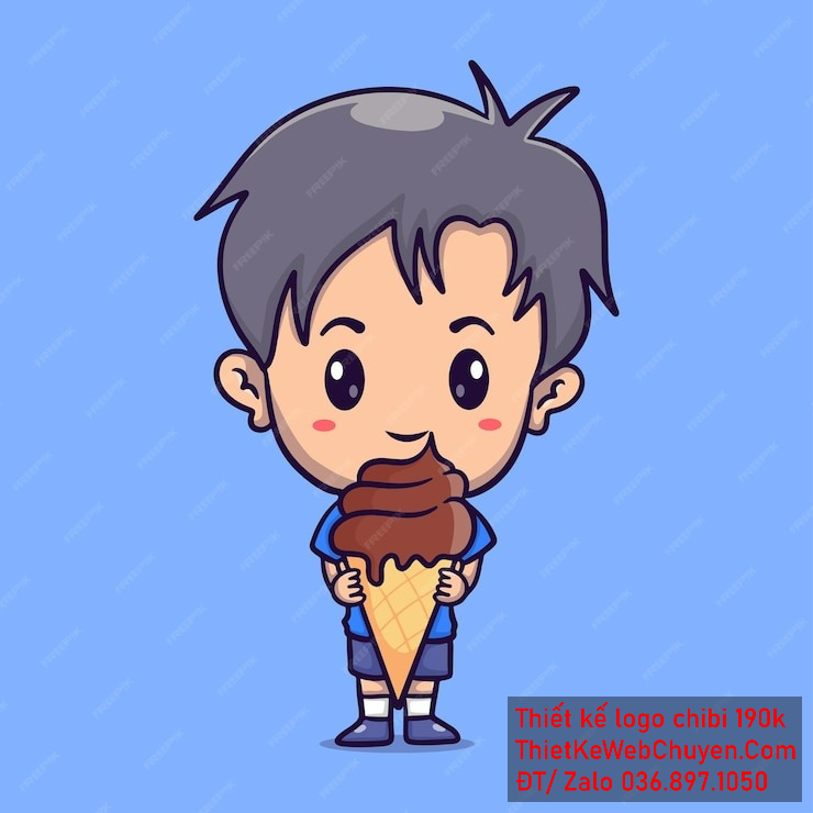 Vẽ chibi bé trai áo xanh, tóc đen, cầm kem, biểu cảm vui vẻ để thiết kế logo Vẽ chibi bé trai áo xanh, tóc đen, cầm kem, biểu cảm vui vẻ để thiết kế logo