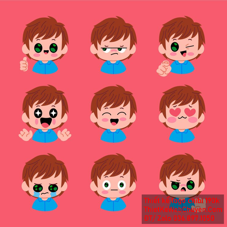 Vẽ chibi bé trai áo xanh, tóc nâu, biểu cảm đa dạng để thiết kế logo