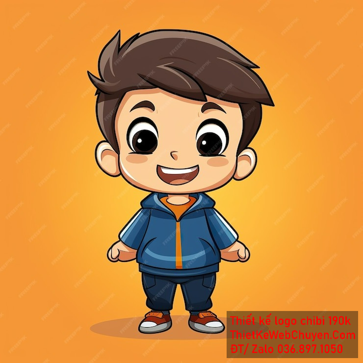 Vẽ chibi bé trai áo xanh, tóc nâu, đứng tươi cười, khuôn mặt vui vẻ để thiết kế logo Vẽ chibi bé trai áo xanh, tóc nâu, đứng tươi cười, khuôn mặt vui vẻ để thiết kế logo