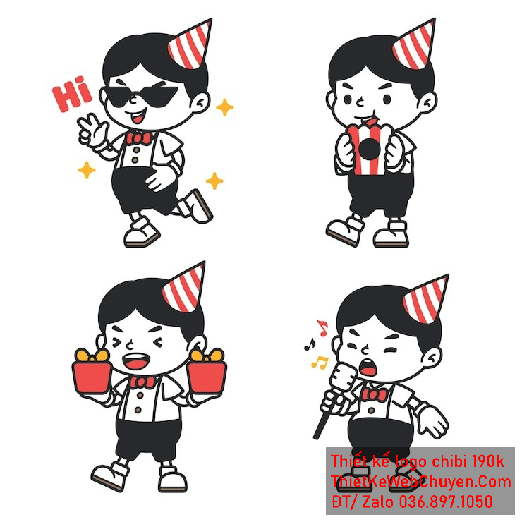 Vẽ chibi bé trai đội mũ tiệc, áo trắng, tóc đen, hành động vui vẻ, biểu cảm đa dạng để thiết kế logo Vẽ chibi bé trai đội mũ tiệc, áo trắng, tóc đen, hành động vui vẻ, biểu cảm đa dạng để thiết kế logo