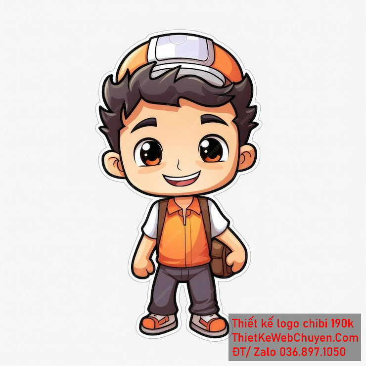 Vẽ chibi bé trai mặc áo cam, tóc đen, hành động đứng vui vẻ, biểu cảm tươi cười để thiết kế logo Vẽ chibi bé trai mặc áo cam, tóc đen, hành động đứng vui vẻ, biểu cảm tươi cười để thiết kế logo