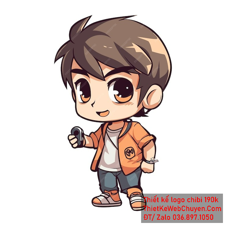 Vẽ chibi bé trai mặc áo cam, tóc nâu, cầm điều khiển, biểu cảm vui vẻ để thiết kế logo Vẽ chibi bé trai mặc áo cam, tóc nâu, cầm điều khiển, biểu cảm vui vẻ để thiết kế logo