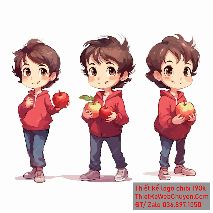 Vẽ chibi bé trai mặc áo đỏ, tóc nâu, hành động cầm táo, biểu cảm tươi cười để thiết kế logo Vẽ chibi bé trai mặc áo đỏ, tóc nâu, hành động cầm táo, biểu cảm tươi cười để thiết kế logo