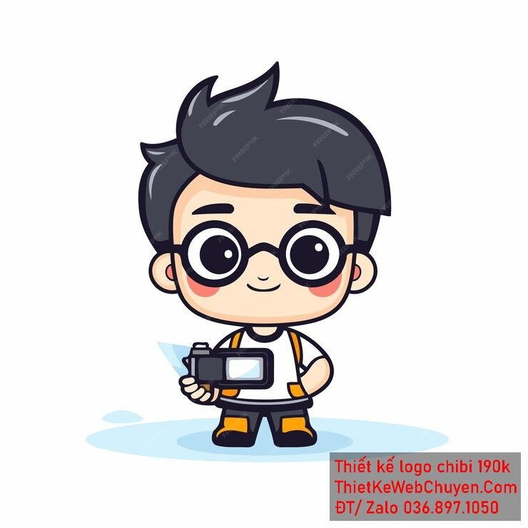 Vẽ chibi bé trai mặc áo trắng, tóc đen, hành động cầm máy quay, biểu cảm vui tươi để thiết kế logo Vẽ chibi bé trai mặc áo trắng, tóc đen, hành động cầm máy quay, biểu cảm vui tươi để thiết kế logo