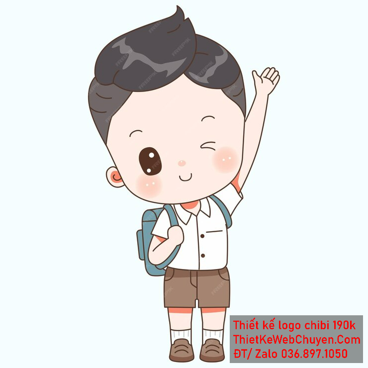 Vẽ chibi bé trai mặc đồng phục trắng, tóc đen, vẫy tay chào, biểu cảm nháy mắt dễ thương để thiết kế logo