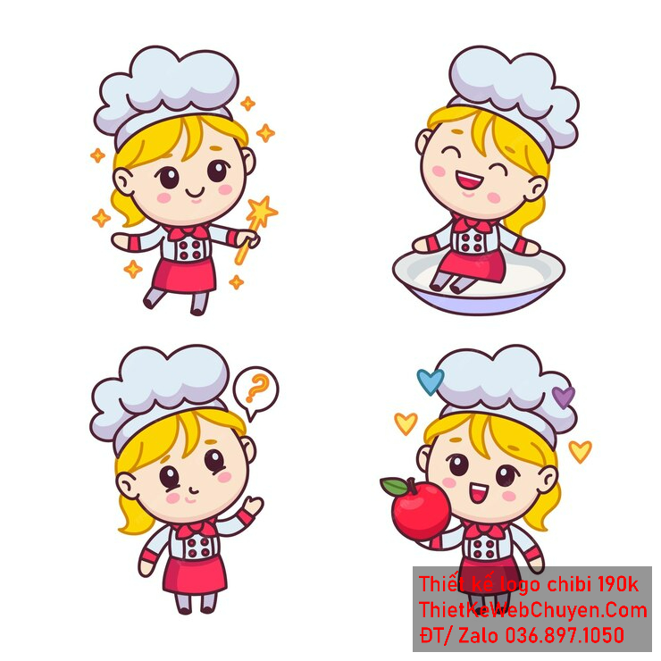 Vẽ chibi đầu bếp bé gái áo hồng, tóc vàng, hành động cầm đũa phép, táo, ngồi trên bát và biểu cảm đáng yêu để thiết kế logo Vẽ chibi đầu bếp bé gái áo hồng, tóc vàng, hành động cầm đũa phép, táo, ngồi trên bát và biểu cảm đáng yêu để thiết kế logo