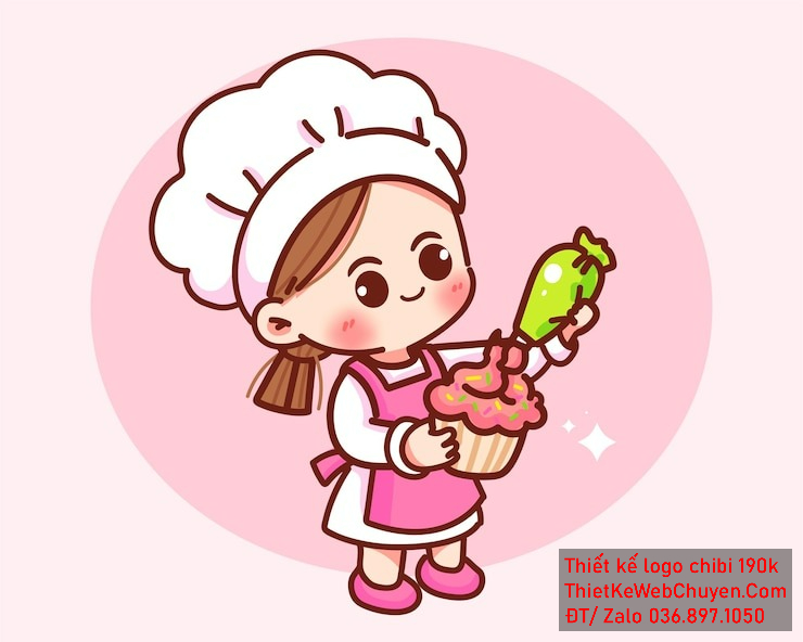 Vẽ chibi đầu bếp bé gái áo tạp dề hồng, tóc nâu, hành động trang trí bánh cupcake, biểu cảm vui vẻ để thiết kế logo Vẽ chibi đầu bếp bé gái áo tạp dề hồng, tóc nâu, hành động trang trí bánh cupcake, biểu cảm vui vẻ để thiết kế logo