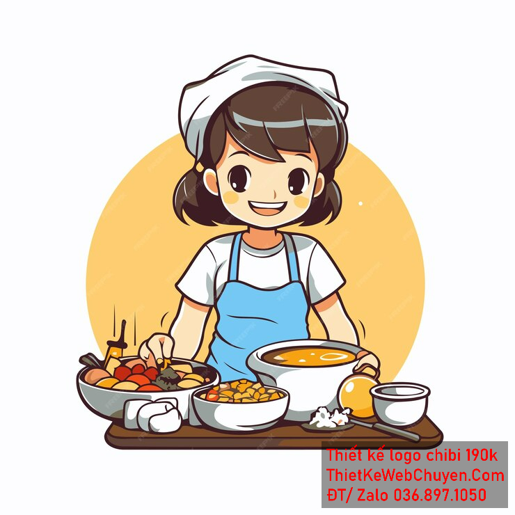 Vẽ chibi đầu bếp bé gái áo trắng xanh, tóc nâu, nấu súp, biểu cảm vui vẻ để thiết kế logo