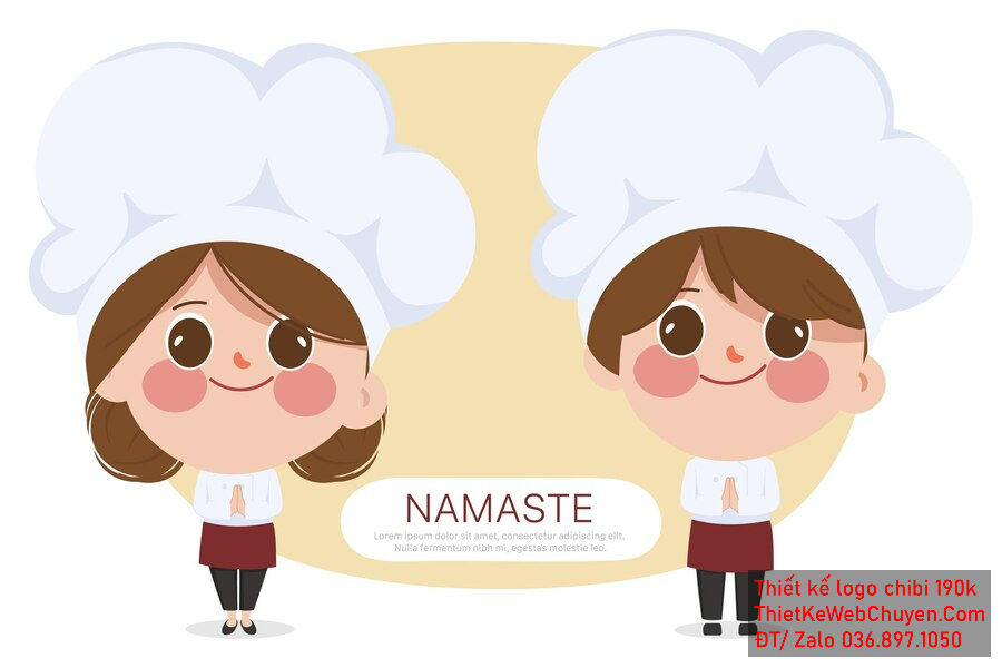 Vẽ chibi đầu bếp bé gái và bé trai với tóc nâu, áo trắng, hành động chắp tay chào kiểu Namaste và biểu cảm tươi cười để thiết kế logo Vẽ chibi đầu bếp bé gái và bé trai với tóc nâu, áo trắng, hành động chắp tay chào kiểu Namaste và biểu cảm tươi cười để thiết kế logo