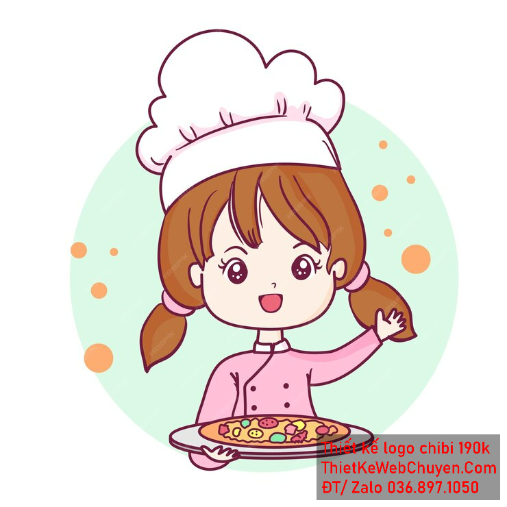 Vẽ chibi đầu bếp bé gái với áo hồng, tóc nâu, hành động cầm pizza và biểu cảm vui vẻ để thiết kế logo