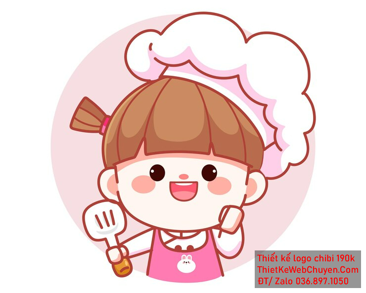 Vẽ chibi đầu bếp bé gái với áo hồng, tóc nâu, hành động cầm xẻng lật và biểu cảm vui tươi để thiết kế logo