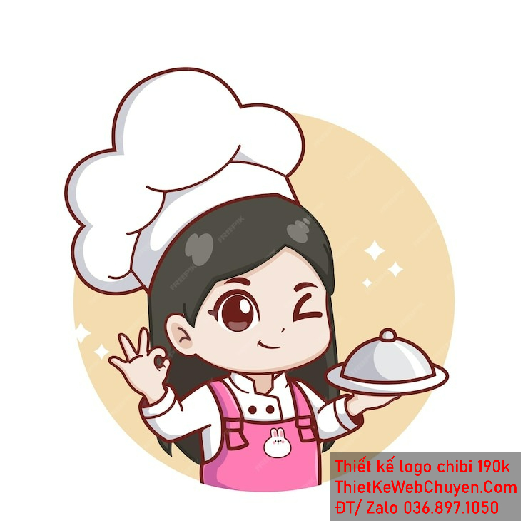 Vẽ chibi đầu bếp bé gái với áo tạp dề hồng, tóc đen, hành động cầm đĩa đồ ăn và biểu cảm nháy mắt tinh nghịch để thiết kế logo Vẽ chibi đầu bếp bé gái với áo tạp dề hồng, tóc đen, hành động cầm đĩa đồ ăn và biểu cảm nháy mắt tinh nghịch để thiết kế logo