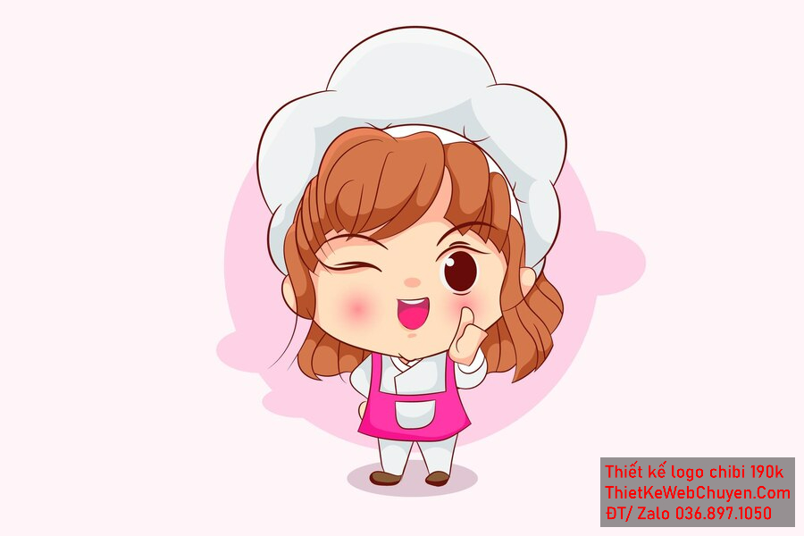 Vẽ chibi đầu bếp bé gái với áo tạp dề hồng, tóc nâu, hành động nháy mắt và biểu cảm tinh nghịch để thiết kế logo Vẽ chibi đầu bếp bé gái với áo tạp dề hồng, tóc nâu, hành động nháy mắt và biểu cảm tinh nghịch để thiết kế logo