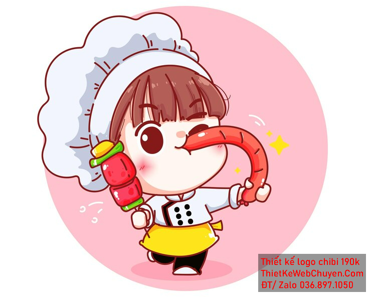 Vẽ chibi đầu bếp bé gái với áo trắng-đen, tóc nâu, hành động ăn xúc xích và biểu cảm tinh nghịch để thiết kế logo