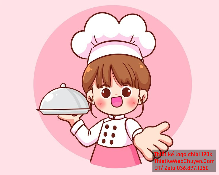 Vẽ chibi đầu bếp bé gái với áo trắng-hồng, tóc nâu, hành động cầm đĩa thức ăn và biểu cảm vui tươi để thiết kế logo Vẽ chibi đầu bếp bé gái với áo trắng-hồng, tóc nâu, hành động cầm đĩa thức ăn và biểu cảm vui tươi để thiết kế logo