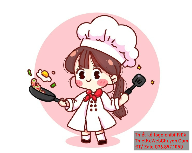 Vẽ chibi đầu bếp bé gái với áo trắng, tóc nâu buộc đuôi ngựa, đang nấu ăn với chảo, biểu cảm vui tươi dễ thương để thiết kế logo Vẽ chibi đầu bếp bé gái với áo trắng, tóc nâu buộc đuôi ngựa, đang nấu ăn với chảo, biểu cảm vui tươi dễ thương để thiết kế logo