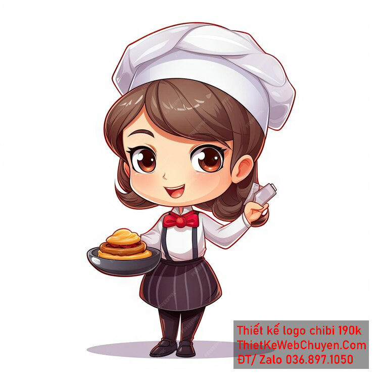 Vẽ chibi đầu bếp bé gái với áo trắng, tóc nâu, hành động cầm đĩa bánh, biểu cảm vui vẻ để thiết kế logo Vẽ chibi đầu bếp bé gái với áo trắng, tóc nâu, hành động cầm đĩa bánh, biểu cảm vui vẻ để thiết kế logo