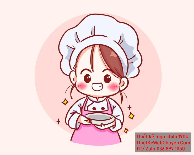 Vẽ chibi đầu bếp bé gái với áo trắng, tóc nâu, hành động cầm tô và biểu cảm vui vẻ để thiết kế logo Vẽ chibi đầu bếp bé gái với áo trắng, tóc nâu, hành động cầm tô và biểu cảm vui vẻ để thiết kế logo