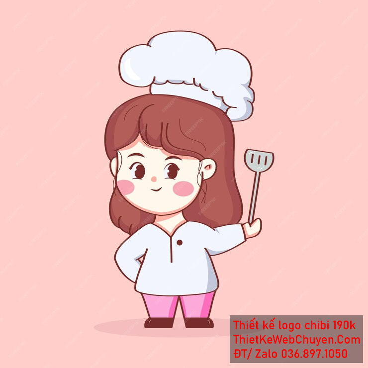 Vẽ chibi đầu bếp bé gái với áo trắng, tóc nâu, hành động cầm xẻng nấu ăn và biểu cảm tự tin để thiết kế logo Vẽ chibi đầu bếp bé gái với áo trắng, tóc nâu, hành động cầm xẻng nấu ăn và biểu cảm tự tin để thiết kế logo
