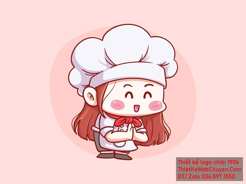 Vẽ chibi đầu bếp bé gái với áo trắng, tóc nâu, hành động chắp tay và biểu cảm vui vẻ để thiết kế logo Vẽ chibi đầu bếp bé gái với áo trắng, tóc nâu, hành động chắp tay và biểu cảm vui vẻ để thiết kế logo