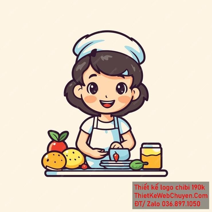 Vẽ chibi đầu bếp bé gái với áo xanh nhạt, tóc nâu đậm, hành động làm bánh và biểu cảm vui vẻ để thiết kế logo