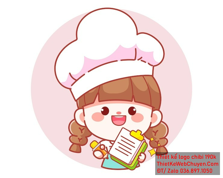 Vẽ chibi đầu bếp bé gái với áo xanh, tóc nâu, hành động cầm sách và bút, biểu cảm vui vẻ để thiết kế logo