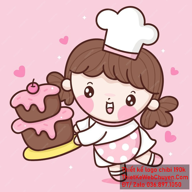 Vẽ chibi đầu bếp bé gái với màu áo trắng, màu tóc nâu, hành động cầm bánh ngọt, biểu cảm vui tươi để thiết kế logo Vẽ chibi đầu bếp bé gái với màu áo trắng, màu tóc nâu, hành động cầm bánh ngọt, biểu cảm vui tươi để thiết kế logo