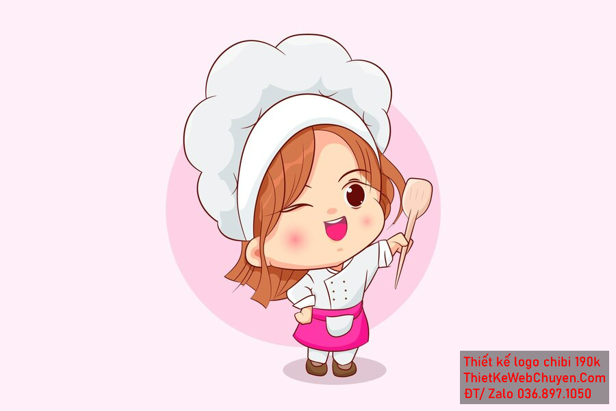 Vẽ chibi đầu bếp bé gái với tóc nâu, áo trắng, hành động cầm thìa gỗ và biểu cảm nháy mắt vui tươi để thiết kế logo Vẽ chibi đầu bếp bé gái với tóc nâu, áo trắng, hành động cầm thìa gỗ và biểu cảm nháy mắt vui tươi để thiết kế logo
