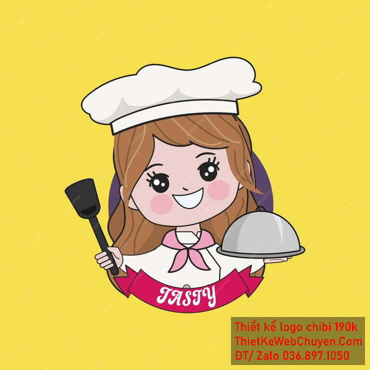 Vẽ chibi đầu bếp bé gái với tóc nâu, áo trắng-hồng, hành động cầm xẻng và khay đậy thức ăn cùng biểu cảm tươi cười để thiết kế logo