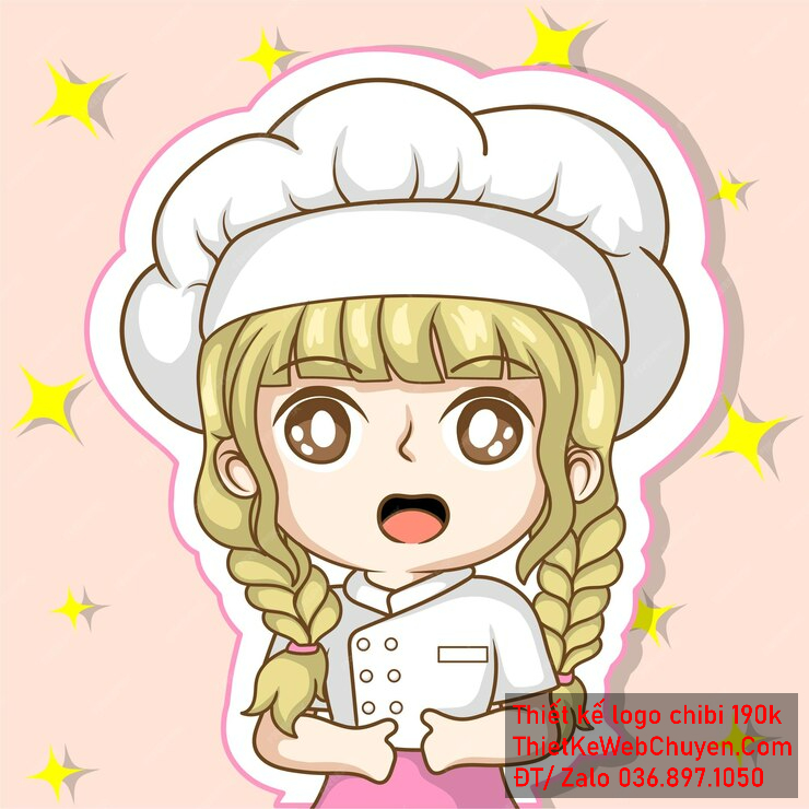 Vẽ chibi đầu bếp bé gái với tóc vàng, áo trắng, hành động đặt tay trước ngực và biểu cảm ngạc nhiên để thiết kế logo Vẽ chibi đầu bếp bé gái với tóc vàng, áo trắng, hành động đặt tay trước ngực và biểu cảm ngạc nhiên để thiết kế logo