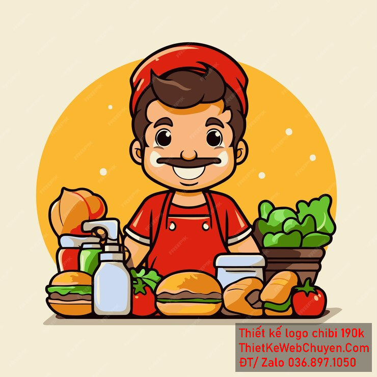 Vẽ chibi đầu bếp bé trai với áo đỏ, tóc nâu, hành động đứng sau bàn bếp đầy thức ăn và biểu cảm khuôn mặt vui vẻ để thiết kế logo Vẽ chibi đầu bếp bé trai với áo đỏ, tóc nâu, hành động đứng sau bàn bếp đầy thức ăn và biểu cảm khuôn mặt vui vẻ để thiết kế logo