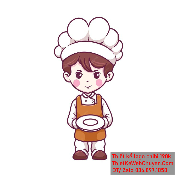 Vẽ chibi đầu bếp bé trai với áo tạp dề cam, tóc nâu, hành động cầm đĩa và biểu cảm khuôn mặt nghiêm túc để thiết kế logo