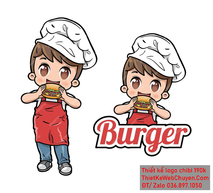 Vẽ chibi đầu bếp bé trai với áo tạp dề đỏ, tóc nâu, cầm bánh burger và biểu cảm vui tươi để thiết kế logo Vẽ chibi đầu bếp bé trai với áo tạp dề đỏ, tóc nâu, cầm bánh burger và biểu cảm vui tươi để thiết kế logo