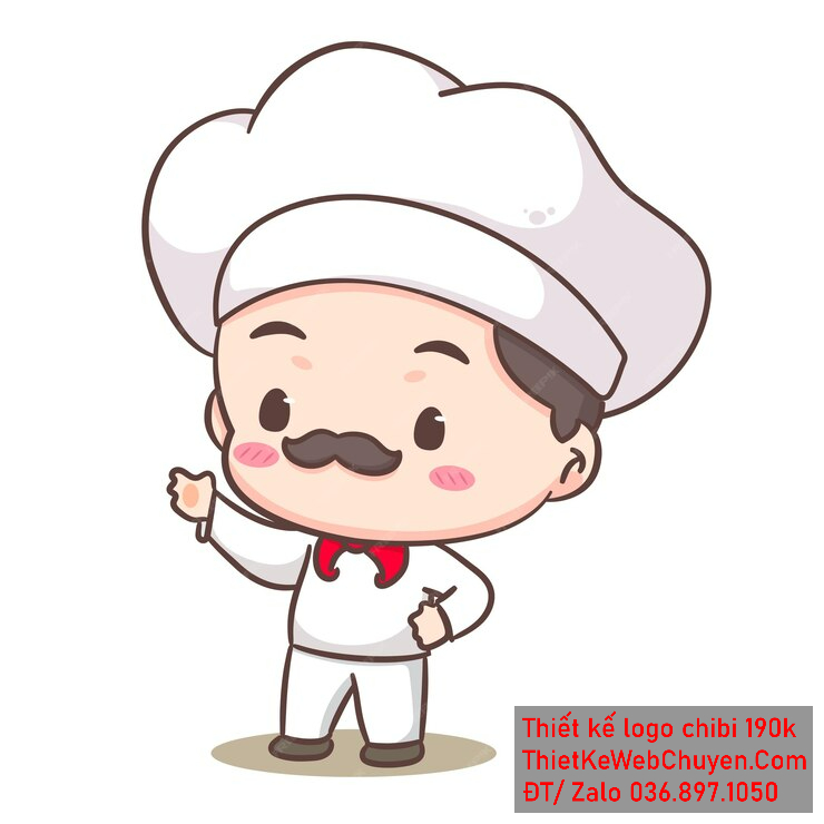 Vẽ chibi đầu bếp bé trai với áo trắng, tóc đen, hành động giơ tay chỉ và biểu cảm tươi cười để thiết kế logo Vẽ chibi đầu bếp bé trai với áo trắng, tóc đen, hành động giơ tay chỉ và biểu cảm tươi cười để thiết kế logo