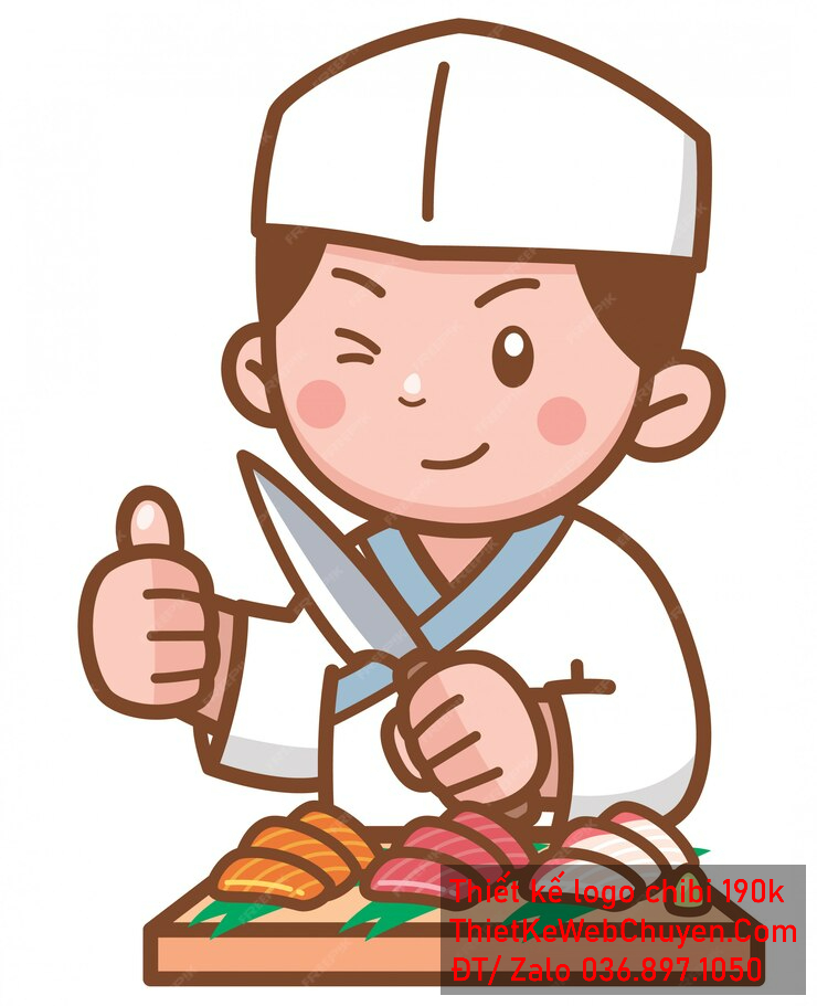 Vẽ chibi đầu bếp bé trai với áo trắng, tóc đen, tay cầm dao thái sushi và biểu cảm nháy mắt vui tươi để thiết kế logo Vẽ chibi đầu bếp bé trai với áo trắng, tóc đen, tay cầm dao thái sushi và biểu cảm nháy mắt vui tươi để thiết kế logo