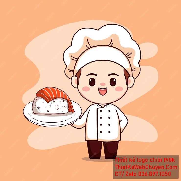 Vẽ chibi đầu bếp bé trai với áo trắng, tóc nâu, hành động bưng sushi và biểu cảm mặt vui vẻ để thiết kế logo Vẽ chibi đầu bếp bé trai với áo trắng, tóc nâu, hành động bưng sushi và biểu cảm mặt vui vẻ để thiết kế logo