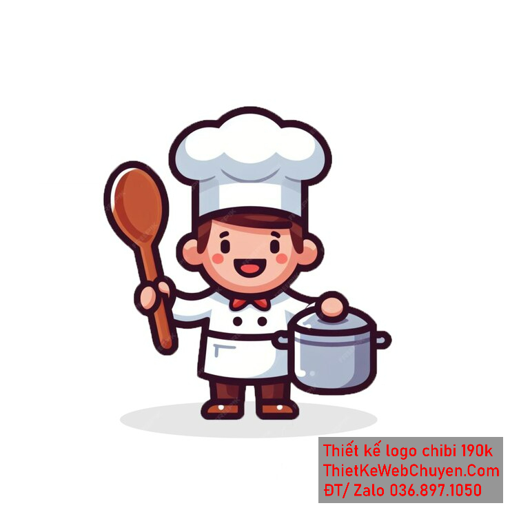 Vẽ chibi đầu bếp bé trai với áo trắng, tóc nâu, hành động cầm muỗng và nồi, biểu cảm vui vẻ để thiết kế logo