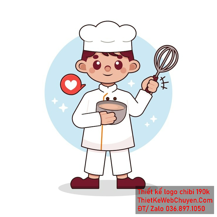 Vẽ chibi đầu bếp bé trai với áo trắng, tóc nâu, hành động cầm phới đánh trứng và tô, biểu cảm đáng yêu để thiết kế logo