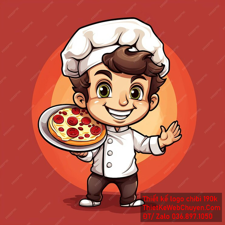 Vẽ chibi đầu bếp bé trai với áo trắng, tóc nâu, hành động cầm pizza, biểu cảm khuôn mặt vui vẻ để thiết kế logo Vẽ chibi đầu bếp bé trai với áo trắng, tóc nâu, hành động cầm pizza, biểu cảm khuôn mặt vui vẻ để thiết kế logo