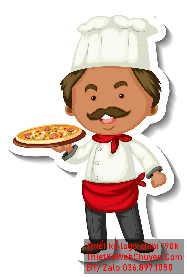 Vẽ chibi đầu bếp bé trai với áo trắng, tóc nâu, hành động cầm pizza và biểu cảm khuôn mặt tươi cười để thiết kế logo Vẽ chibi đầu bếp bé trai với áo trắng, tóc nâu, hành động cầm pizza và biểu cảm khuôn mặt tươi cười để thiết kế logo
