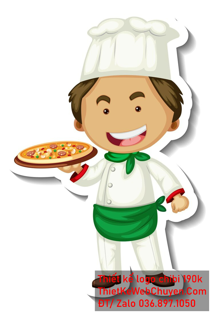 Vẽ chibi đầu bếp bé trai với áo trắng, tóc nâu, hành động cầm pizza và biểu cảm mặt tươi cười để thiết kế logo Vẽ chibi đầu bếp bé trai với áo trắng, tóc nâu, hành động cầm pizza và biểu cảm mặt tươi cười để thiết kế logo
