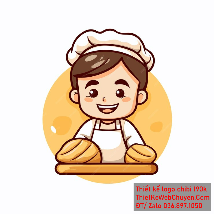 Vẽ chibi đầu bếp bé trai với áo trắng, tóc nâu, hành động chuẩn bị bánh mì, biểu cảm khuôn mặt vui vẻ để thiết kế logo Vẽ chibi đầu bếp bé trai với áo trắng, tóc nâu, hành động chuẩn bị bánh mì, biểu cảm khuôn mặt vui vẻ để thiết kế logo