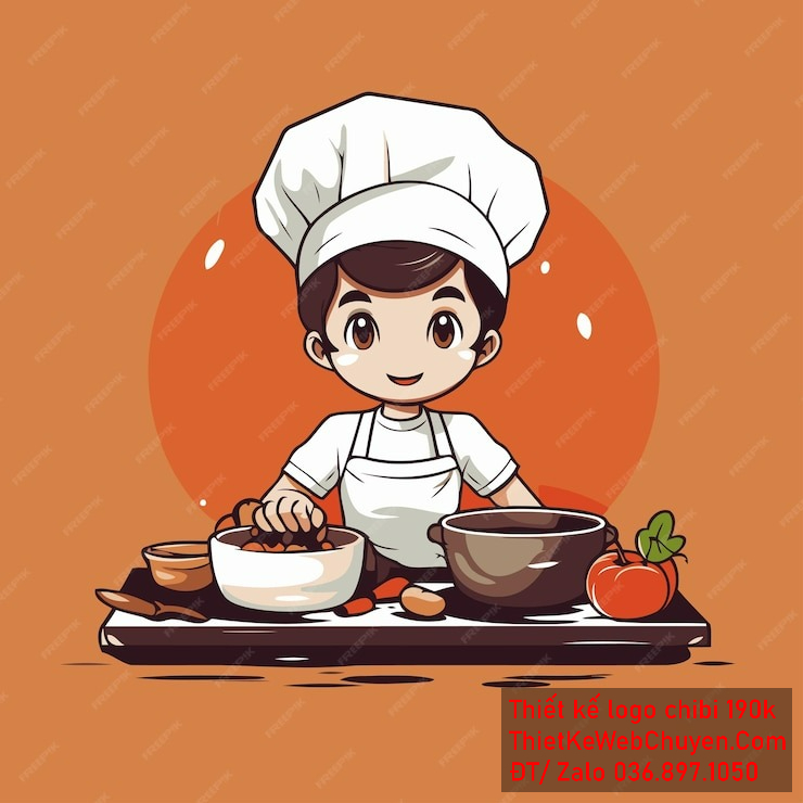 Vẽ chibi đầu bếp bé trai với áo trắng, tóc nâu, hành động chuẩn bị thức ăn, biểu cảm khuôn mặt hạnh phúc để thiết kế logo