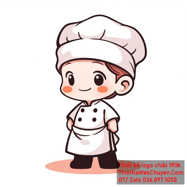 Vẽ chibi đầu bếp bé trai với áo trắng, tóc nâu, hành động đứng khoanh tay và biểu cảm mặt tự tin để thiết kế logo