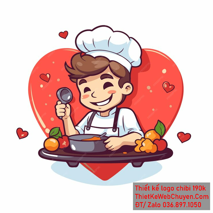 Vẽ chibi đầu bếp bé trai với áo trắng, tóc nâu, hành động nấu ăn và biểu cảm khuôn mặt vui vẻ để thiết kế logo Vẽ chibi đầu bếp bé trai với áo trắng, tóc nâu, hành động nấu ăn và biểu cảm khuôn mặt vui vẻ để thiết kế logo