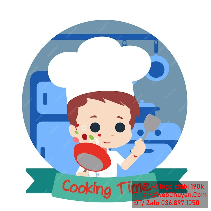 Vẽ chibi đầu bếp bé trai với áo trắng, tóc nâu, hành động nấu ăn với chảo và xẻng, biểu cảm khuôn mặt chăm chú để thiết kế logo Vẽ chibi đầu bếp bé trai với áo trắng, tóc nâu, hành động nấu ăn với chảo và xẻng, biểu cảm khuôn mặt chăm chú để thiết kế logo