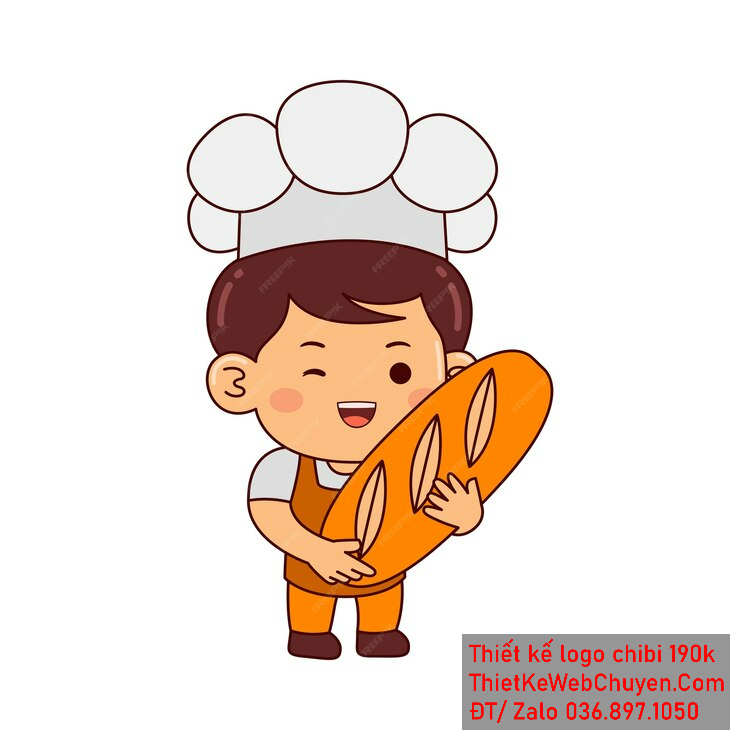 Vẽ chibi đầu bếp bé trai với áo trắng, tóc nâu, hành động ôm bánh mì, biểu cảm khuôn mặt nháy mắt vui vẻ để thiết kế logo Vẽ chibi đầu bếp bé trai với áo trắng, tóc nâu, hành động ôm bánh mì, biểu cảm khuôn mặt nháy mắt vui vẻ để thiết kế logo